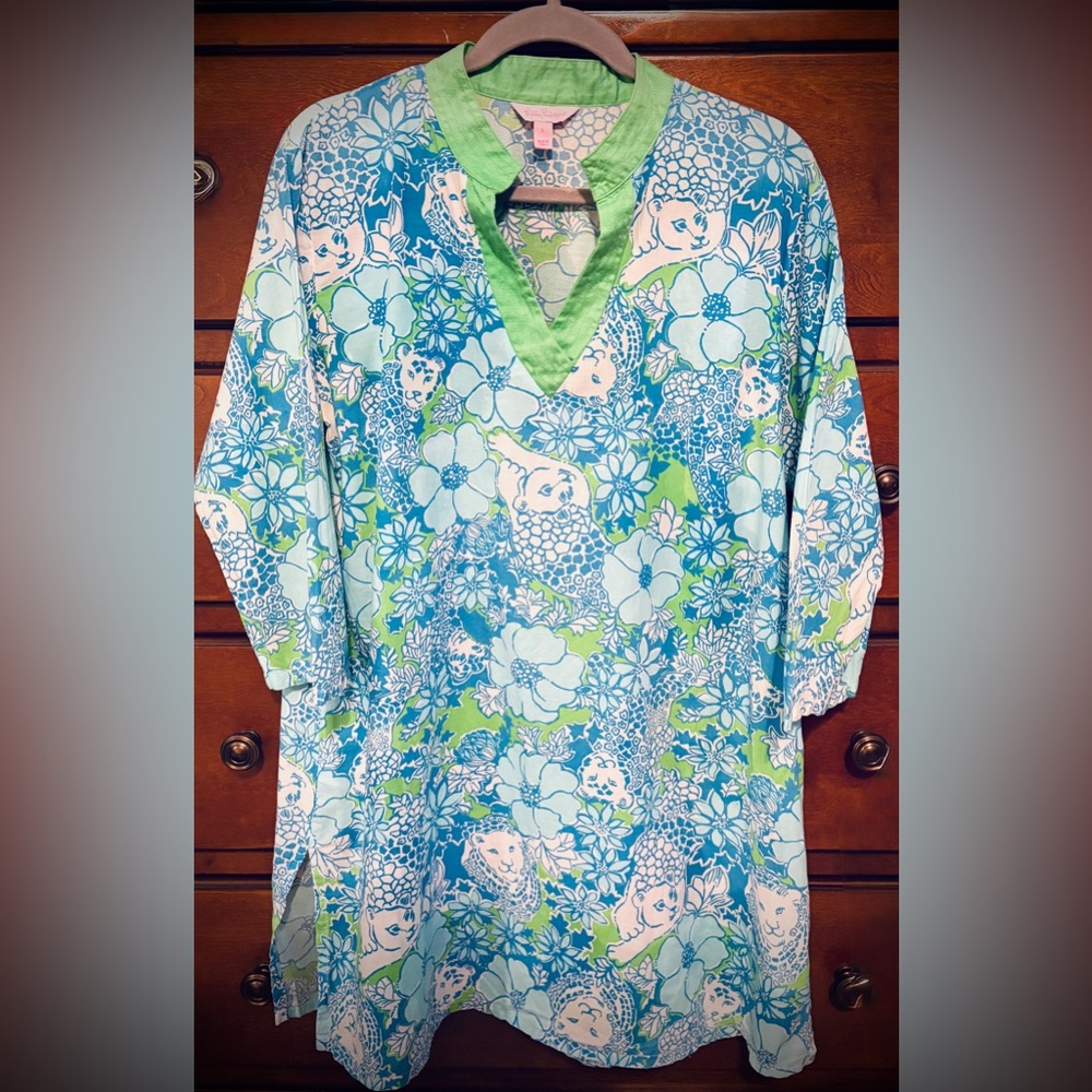 Lilly Pulitzer Chesterfield Puma print 3/4 sleeve Band Collar Tunic Swim Coverup